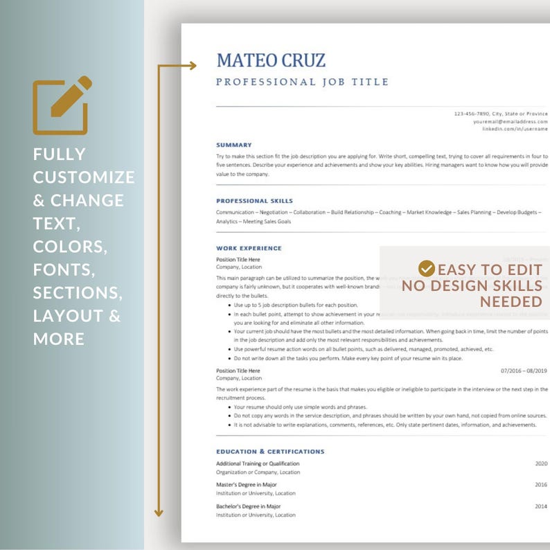 Modern Resume Template and Cover Letter for Word, Google Docs & Pages 1 ...