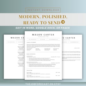May include: A contemporary CV template with a clean, minimalist design. The CV features a professional layout with sections for contact details, career statement, work experience, and education. The text "MODERN. POLISHED. READY TO SEND" is displayed at the top.