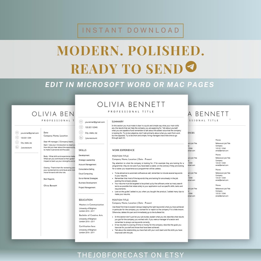 Modern Resume Template and Cover Letter for Microsoft Word & Mac Pages ...