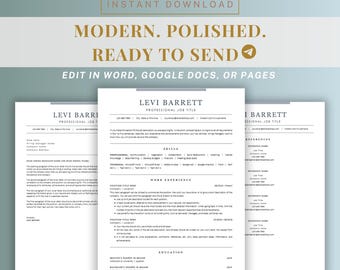 May include: A set of three white resume templates with the name "Levi Barrett" at the top. The resumes have a modern design with sections for skills, work experience, and education. The text "Instant Download", "Modern. Polished. Ready to Send" is also visible.