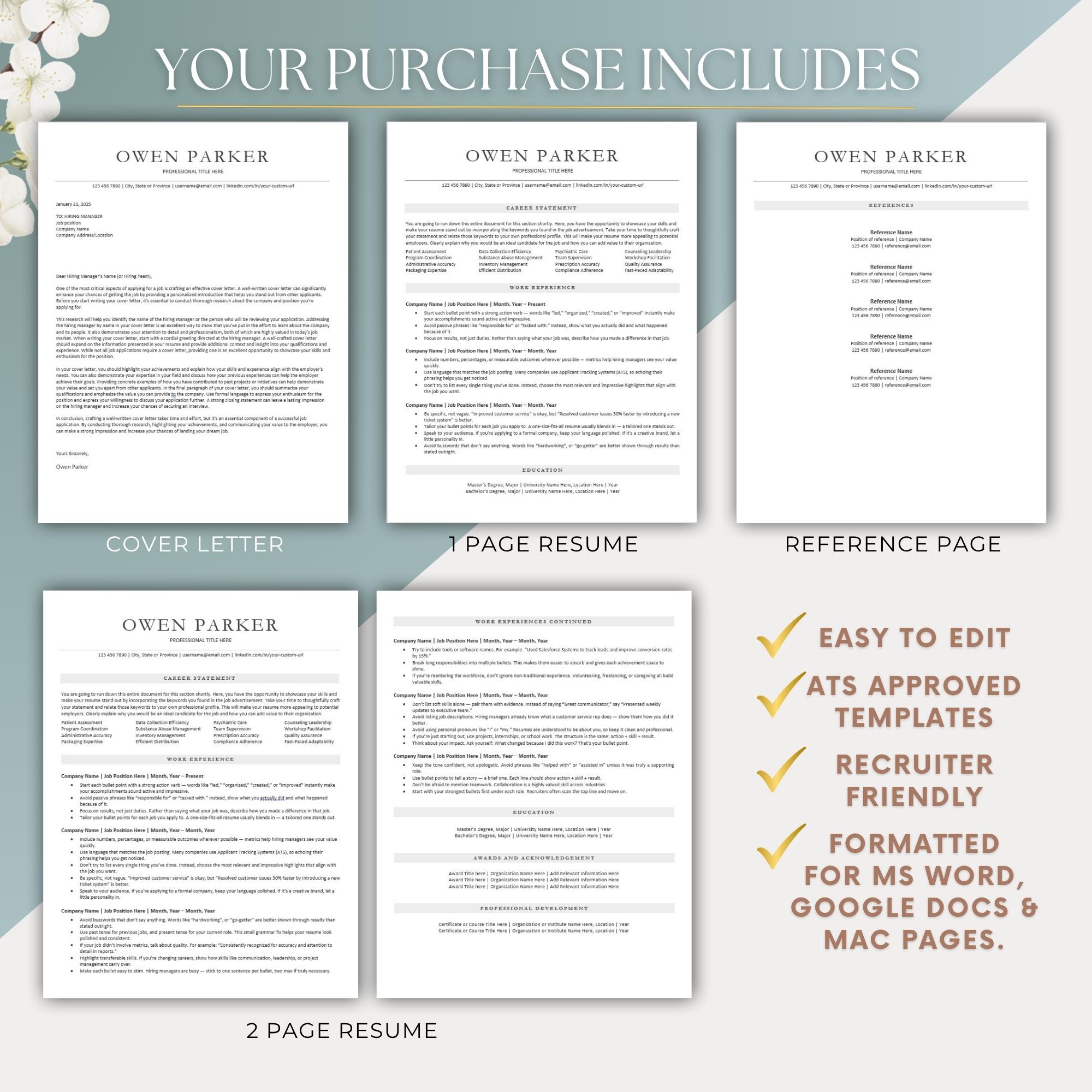 ATS Friendly Resume Template | Professional CV + Cover Letter | Simple ...
