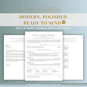 Op de afbeelding: Een digitale cv-sjabloon met een modern, gepolijst ontwerp. De sjabloon bevat secties voor opleiding, werkervaring en vaardigheden. De tekst "DIRECT DOWNLOADEN" en "KLAAR OM TE VERZENDEN" zijn zichtbaar.