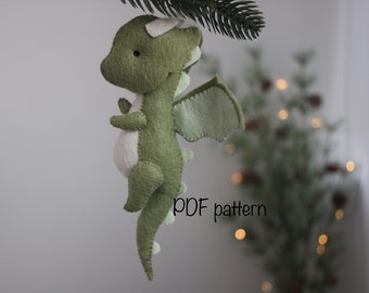 Green Dragon felt PDF pattern, Fantasy toy sewing tutorial, Dragon Christmas ornament