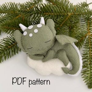 Dragon felt PDF pattern, Fantasy toy sewing tutorial, Cute Dragon Christmas ornament, Green Dragon felt toy on the cloud