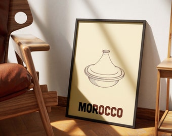 Affiche rétro Maroc, Téléchargement numérique, Art mural, Affiche Maroc minimaliste, Affiche de voyage, Tajine en céramique