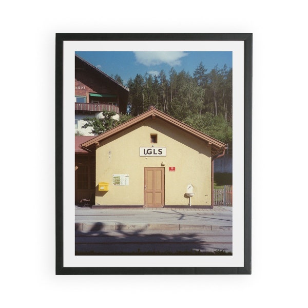 Retro photo of a train station in the Alps, Art photo for the wall, Photo of Innsbruck, Austrian Alps, Igls.