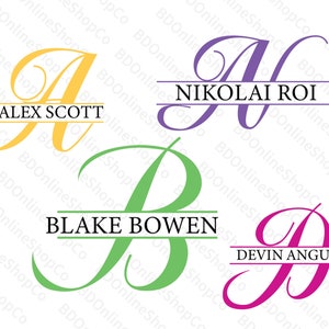 Puede incluir: Cuatro iniciales de monograma, A, N, B y D, con nombres debajo de cada letra. Las letras son de diferentes colores: amarillo, morado, verde y rosa. Los nombres son Alex Scott, Nikolai Roi, Blake Bowen y Devin Angus.