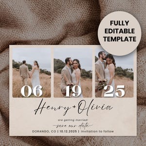 Printable Wedding Invitation Photo Collage, Save the date card with photo, Editable Canva Template, Instant Digital Download.