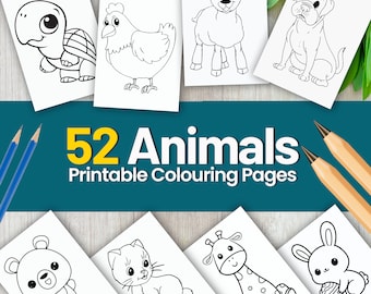 May include: A set of 52 printable coloring pages featuring various animals, including a turtle, chicken, lamb, dog, bear, cat, giraffe, and rabbit. The pages are black and white and ready to be colored.