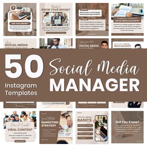 May include: A collection of 50 Instagram templates for social media managers. The templates are designed to help you grow your brand, manage your social media accounts, and create viral content. The templates feature a brown and white color scheme with images of people using laptops and phones.