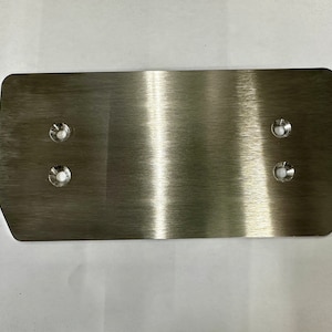 May include: A brushed stainless steel plate with four holes for mounting. The plate has a slightly curved shape.