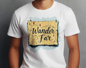May include: White t-shirt featuring a map design with the words "Wander Far" in a script font. The map is tan with blue and red pin markers, suggesting travel and exploration. The shirt is a casual wear item.