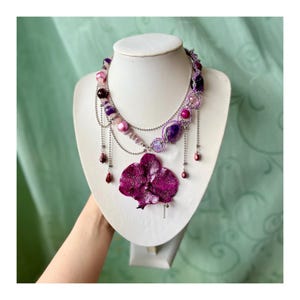 Purple Orchid Resin Necklace,  Real Flower Pendant, Y2K Layered Jewelry, Fantasy Phalaenopsis Gift