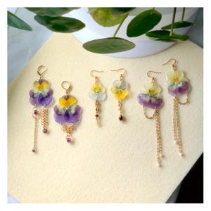 Resin Pansy Flower Earrings: Gold Teardrop Violet Mismatched Jewelry