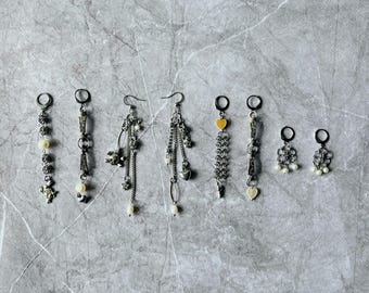 Kettenhemd Ohrringe, Gothic Schädel Hängeohrringe, Alt Perlenohrringe, Lange Y2K Kokette Schmuck, Einzigartiges Upcycled Geschenk