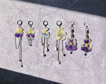 Mismatched Pansy Earrings, Viola Flower Jewelry, Fairycore Resin Accessory, Gardening Gift