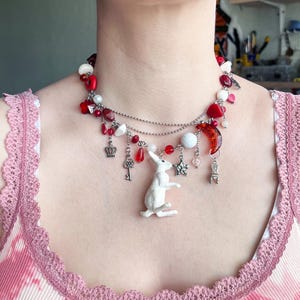 Alice in Wonderland Necklace, Quirky Bunny Multi Charm Jewelry,  Storybook Fairy Tale Choker,  Maximalist Clutter Gift