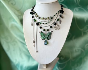 Goblincore Moth Pendant Necklace: Dark Green Woodland Jewelry