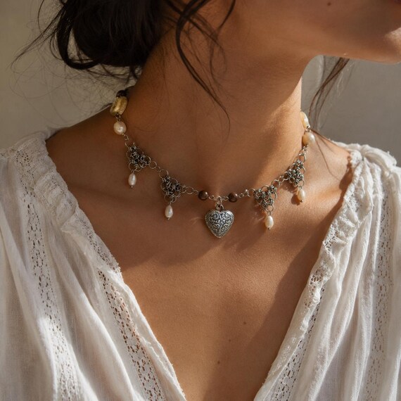 Silver Heart Choker Chainmail Coquette Whimsigoth Y2K Necklace - Etsy