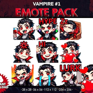 May include: A set of eight animated emojis featuring a vampire character in different poses and expressions. The emojis include "Hype", "Z", "Hi", "Lurk", and others. The emojis are designed in a cartoon style with bright colors and bold outlines.