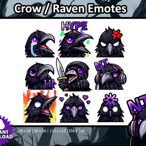 9 Raven/ Crow Emotes Bundle Pack - Twitch, Youtube, Discord | Killers | Spooky Scary Twitch Emotes for Streaming, cute crows pack