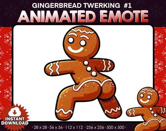 Puede incluir: Emoticono animado de un hombre de jengibre con un cuerpo marrón, glaseado blanco y mejillas rojas. El hombre de jengibre está haciendo twerking con los brazos extendidos. El texto "Gingerbread Twerking #1 Animated Emote" está en la parte superior de la imagen.
