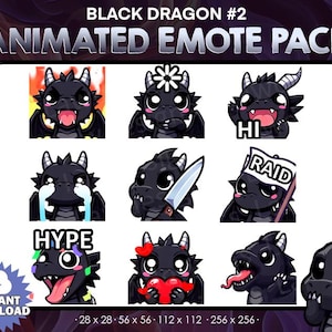 9 Animated Black Dragon Emotes Bundle Pack - Twitch, Youtube, Discord | Dragon | Black Dragon Twitch Emotes for Streaming, cute dragon pack