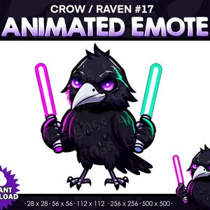 May include: Animated emote of a black crow with purple eyes and a white beak, wielding a pink and a teal lightsaber. The text "CROW / RAVEN #17 ANIMATED EMOTE" is at the top. Includes an "INSTANT DOWNLOAD" graphic.