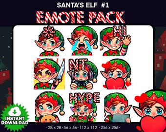 Puede incluir: Un paquete de arte digital con nueve emoticonos de elfos de dibujos animados con varias expresiones y poses. Los emoticonos incluyen llorar, saludar, sostener un cuchillo y sostener un corazón. El texto "SANTA'S ELF #1" y "EMOTE PACK" está en la parte superior.