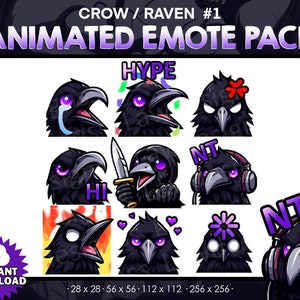 9 Raven/ Crow Animated Emotes Bundle Pack - Twitch, Youtube, Discord | Killers | Spooky Scary Twitch Emotes for Streaming, cute crows