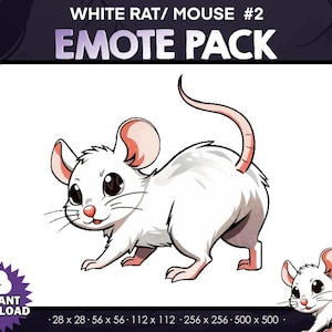 May include: A white cartoon mouse with pink ears and a pink tail, part of an emote pack. The mouse is drawn in a cute style, with large eyes and a small pink nose. The image includes the text "WHITE RAT/ MOUSE #2 EMOTE PACK" and "INSTANT DOWNLOAD".