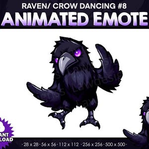 以下が含まれることがあります： 紫色の目をした黒いカラスまたはワタリガラスが踊っているアニメーションの絵文字。カラスは漫画風で、友好的な表情をしています。絵文字は、28 x 28ピクセルから500 x 500ピクセルまでのさまざまなサイズで利用できます。