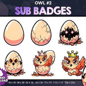 May include: A set of eight digital badges featuring a cartoon owl in various stages of hatching from an egg. The badges are available in different sizes, ranging from 18x18 pixels to 256x256 pixels. The owl is depicted in a cute, cartoon style with large eyes and a crown.