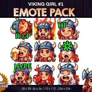 Pode incluir: Um pacote de arte digital intitulado "VIKING GIRL #1 EMOTE PACK" com vários emotes de garotas vikings de desenho animado. Os emotes exibem diferentes expressões e ações, incluindo "R.I.P", "Hi" e "HYPE". A imagem inclui as dimensões dos emotes.