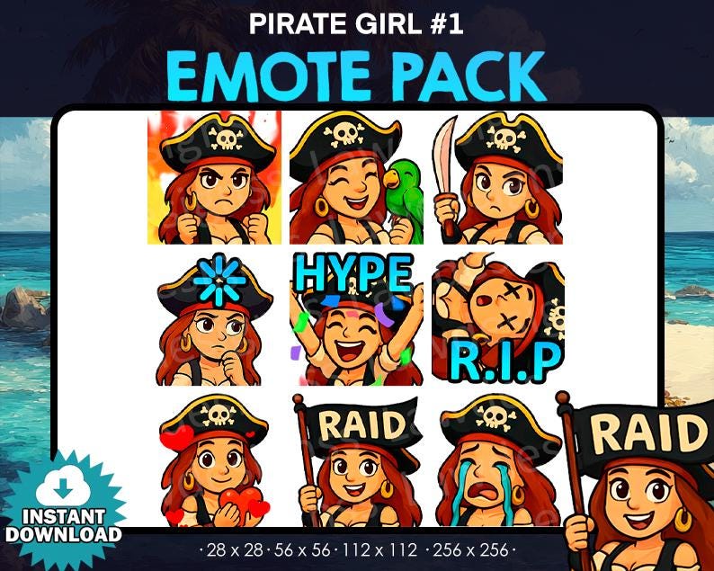 9 Pirate Girl bundle pack Emote, Pirates - Twitch, Youtube, Discord | Pirate|  Twitch Emotes for Streaming, funny girl pirate