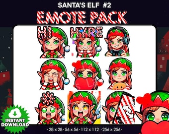 Puede incluir: Un paquete de arte digital titulado "Santa's Elf #2 Emote Pack" con nueve personajes de elfos de dibujos animados diferentes con ojos verdes, cabello rojo y sombreros de elfo. Los emotes muestran varias expresiones y acciones, incluyendo "Hi" y "Hype".