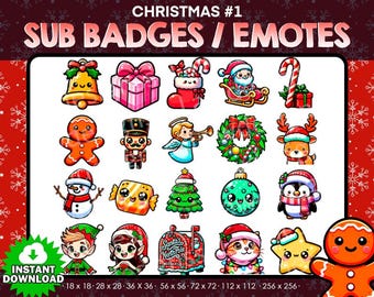 Puede incluir: Una colección de sub insignias y emoticonos con temática navideña. La imagen presenta varios iconos festivos, incluyendo una campana, un regalo, un calcetín, Papá Noel en un trineo, un bastón de caramelo, un hombre de jengibre, un cascanueces, un ángel, una corona, un reno, un muñeco de nieve, un caramelo, un árbol de Navidad, un adorno, un pingüino, un elfo, un buzón de Papá Noel, un gato, una estrella y un hombre de jengibre.