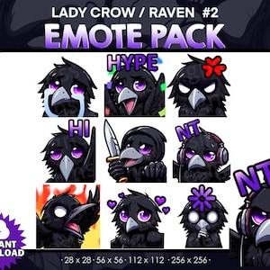 Pack de 9 emotes Lady Corbeau/Corbeau - Twitch, Youtube, Discord | Tueurs | Emotes Twitch effrayantes et effrayantes pour le streaming, pack de corbeaux mignons