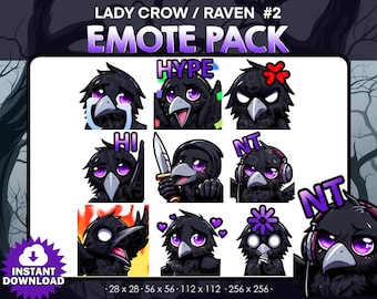 9 Lady Raven/ Crow Emotes Bundle Pack - Twitch, Youtube, Discord | Killers | Spooky Scary Twitch Emotes for Streaming, cute crows pack