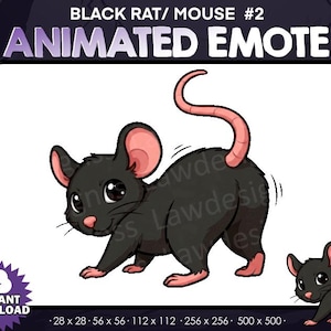 May include: Animated emote featuring a cartoon black rat with pink ears, paws, and tail. The rat is drawn in a cute style, with large eyes and a playful pose. The text "ANIMATED EMOTE" is at the top, and "INSTANT DOWNLOAD" is at the bottom.