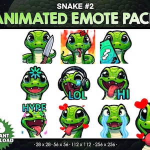以下が含まれることがあります： 様々な表情を持つ、アニメーション化された緑色のヘビの絵文字のコレクション。ナイフを持っている、花を身につけている、泣いているなど。テキストには「SNAKE #2」と「ANIMATED EMOTE PACK」が含まれています。サイズは28x28、56x56、112x112、256x256ピクセルです。