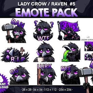 9 Lady Raven/ Crow Emotes Bundle Pack 2 - Twitch, Youtube, Discord | Killers | Spooky Scary Twitch Emotes for Streaming, cute crows pack
