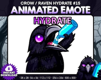 May include: Animated emote featuring a black crow with purple eyes, drinking from a blue water bottle. The word "HYDRATE" is displayed above the crow. The image includes the text "CROW / RAVEN HYDRATE #15" and "ANIMATED EMOTE".