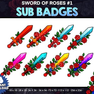 8 Sword of Roses Sub/Bit Badges Bundle Pack - Twitch, Youtube, Discord | Sword | Fantasy Twitch Emotes for Streaming, Subscriber Badges