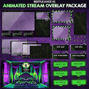 May include: Animated stream overlay package with a green and black striped border, featuring a spooky bedroom scene with a bed, curtains, and a lamp. The overlay includes buttons for new follower, new subscriber, new donation, new raid, new bits, about me, discord, socials, rules, pc specs, and faq.