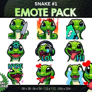 May include: A set of nine green snake emojis with different expressions, including LOL, HI, and HYPE. The emojis are in a grid format and are available in various sizes: 28 x 28, 56 x 56, 112 x 112, and 256 x 256.