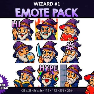 Może przedstawiać: Cyfrowe pobieranie pakietu emotikonów z motywem czarodzieja. Pakiet zawiera różne wyrażenia kreskówkowego czarodzieja z białą brodą, w fioletowym kapeluszu i niebieskich szatach. Emotikony obejmują "Hi" i "Hype". Rozmiary obrazów to 28x28, 56x56, 112x112 i 256x256 pikseli.