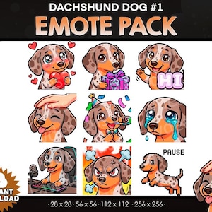 May include: A digital download featuring a collection of dachshund dog emotes. The emotes display various expressions, including holding a heart, a gift, and waving. The pack includes the text "HI" and "PAUSE".
