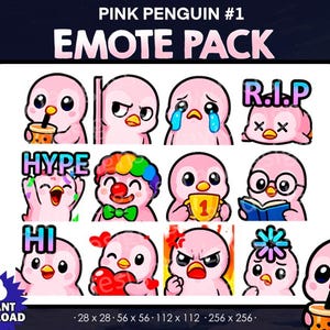 12 Pink Penguin Bundle Pack - Twitch, Youtube, Discord | Animals | Fun Cute Penguin Twitch Emotes for Streaming