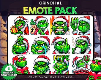 Pakiet 12 świątecznych emotikonek Grincha – Twitch, Youtube, Discord | Grinch | Urocze emotikony Grincha na Twitchu do streamowania, świąteczne emotikony